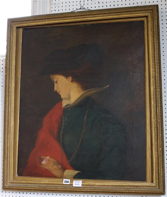 19th century Continental School, oil on canvas, Portrait of a lady, signed monogram AD, dated 81 (canvas damaged)